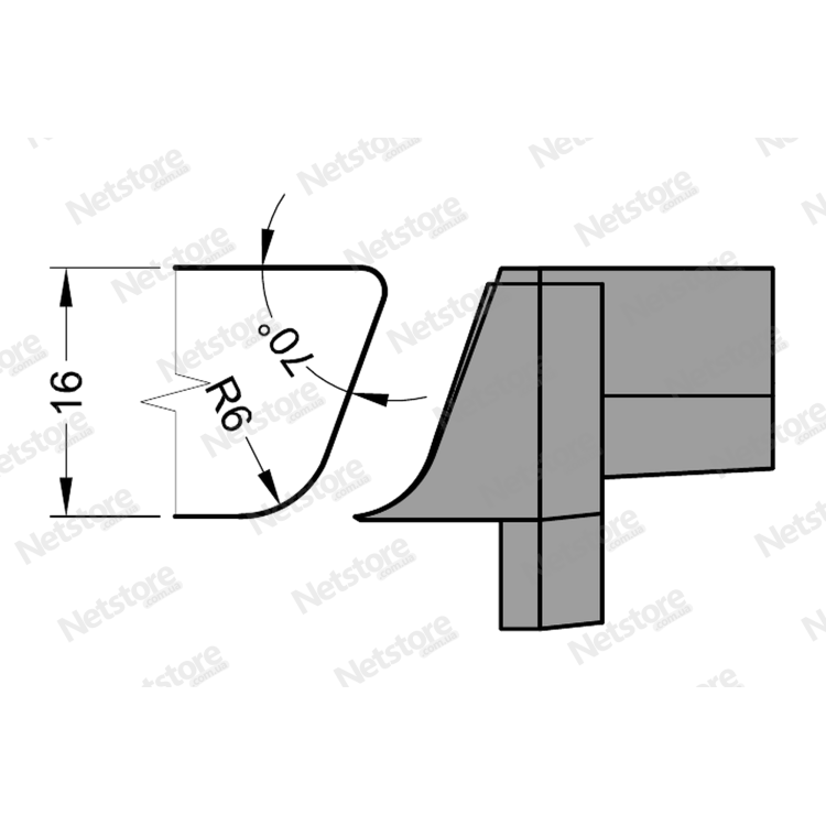Каталожный чертёж наклонной заглушки Aluron ZM 14 SP: 70°, R6, 16 мм