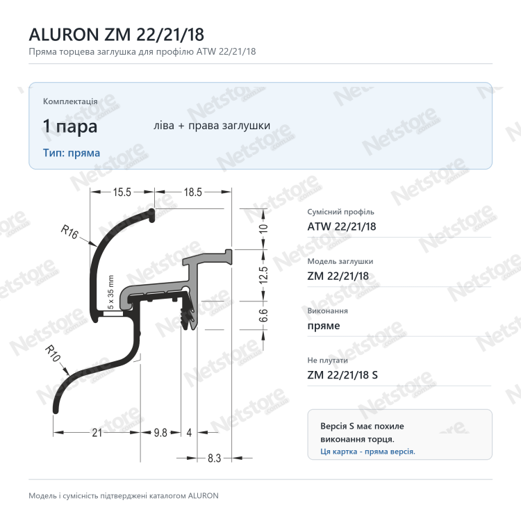 ALURON ZM 22/21/18, пряма торцева заглушка, пара, для профілю ATW 22/21/18